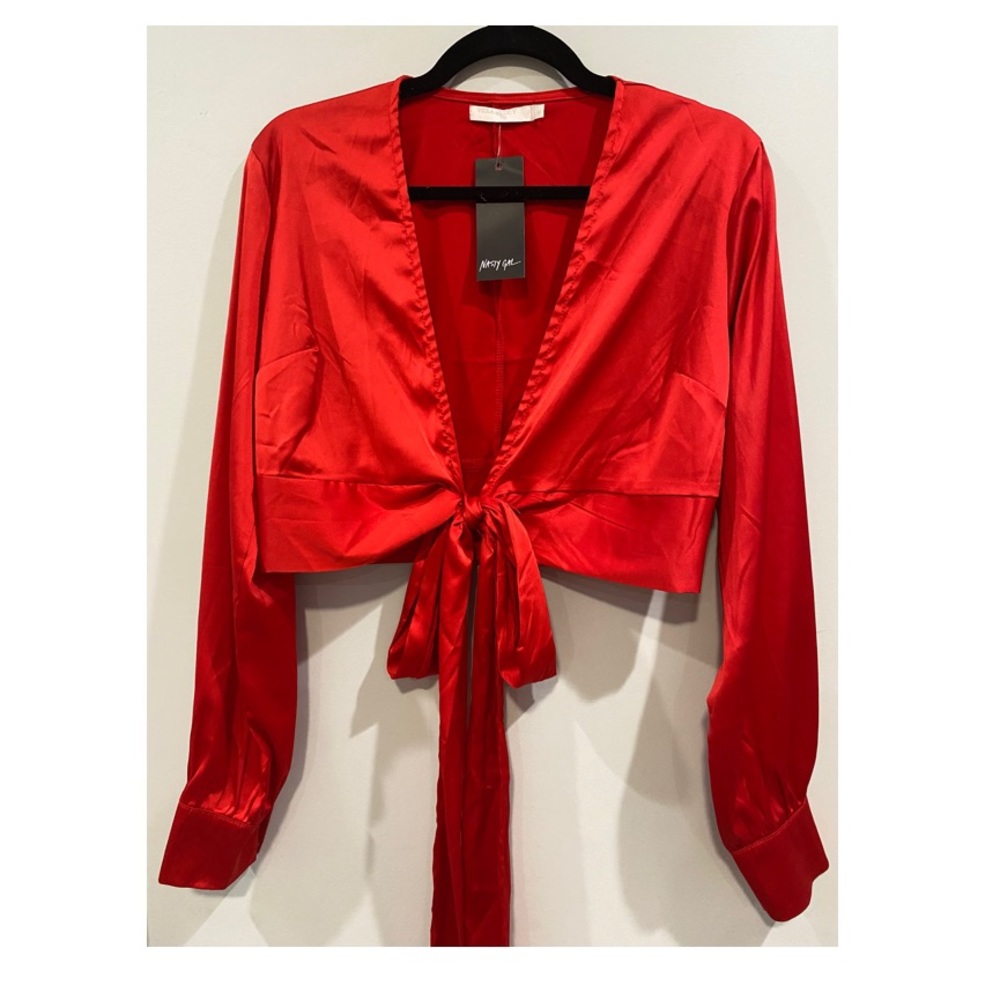 NASTY GAL RED SILK LONG SLEEVE CROP